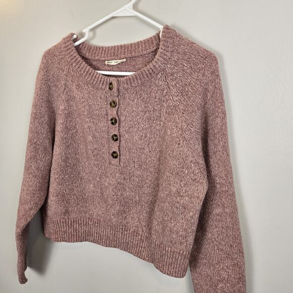 Button Henley Sweater Dusty Pink Poly Cotton Blend V-Neck SMALL Schoolgirl Crop - Picture 1 of 8